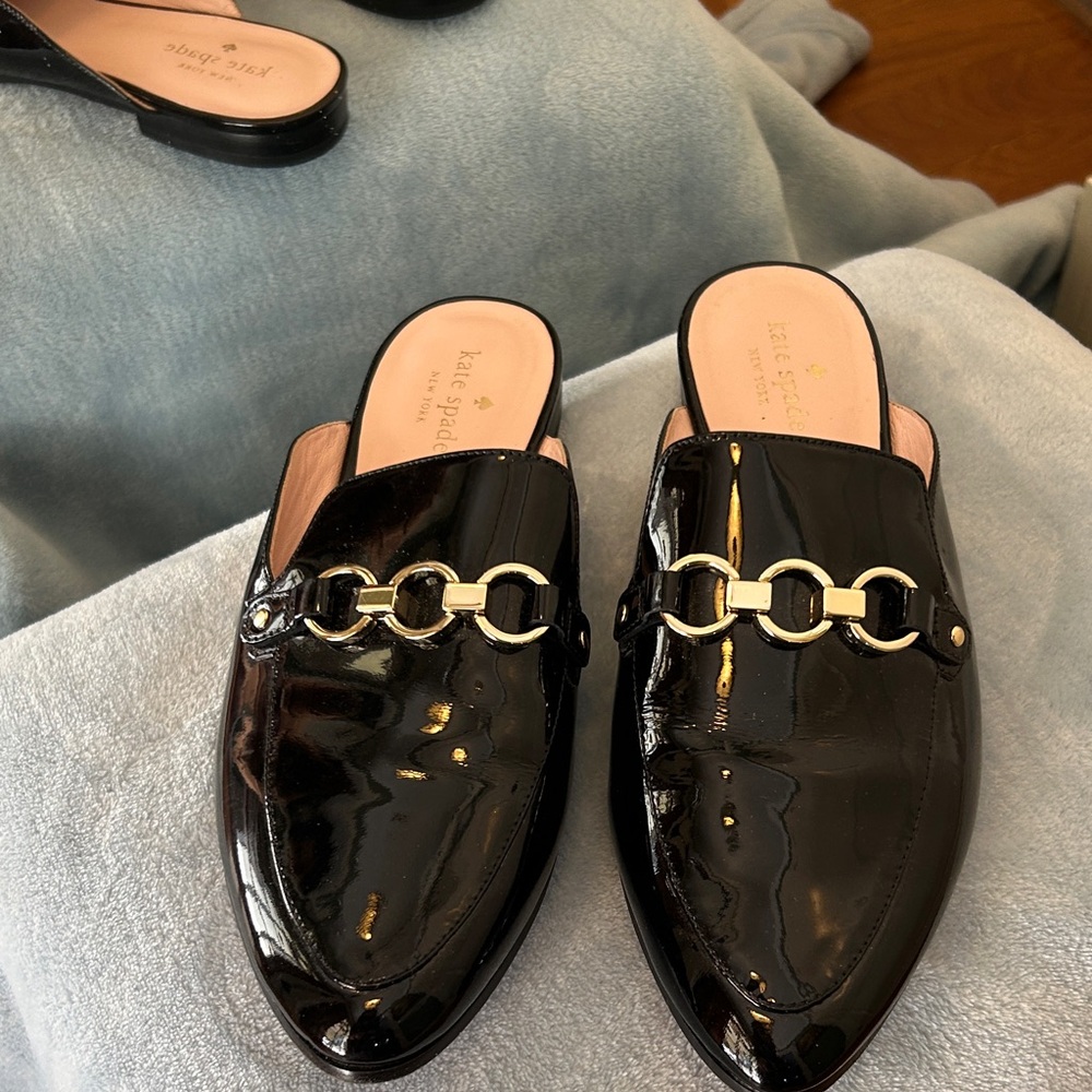 Kate Spade Black Patent Mules with Gold Chain